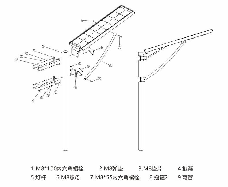 东莞麻豆电影在线观看照明抱箍式一体化LED太阳能路灯安装示意图