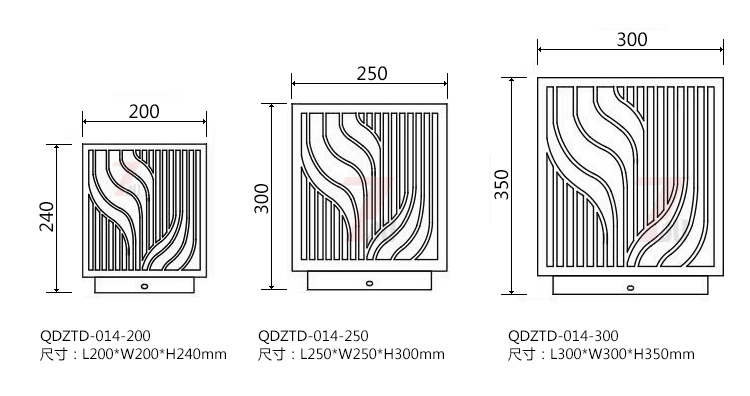 (QDZTD-014)古铜拉丝割花方形矮柱柱头灯200mm、250mm、300mm尺寸示意图