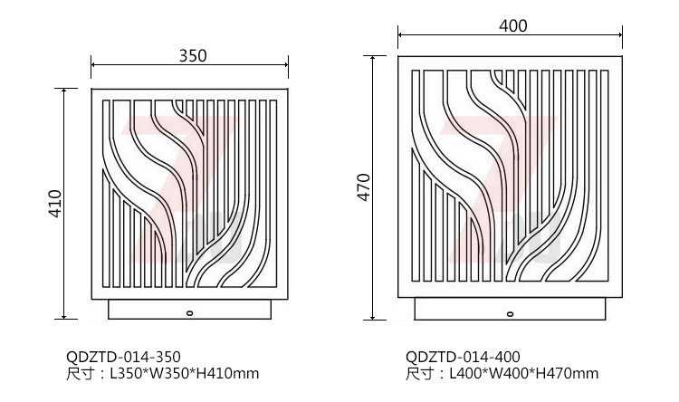 (QDZTD-014)古铜拉丝割花方形矮柱柱头灯350mm、400mm大规格尺寸示意图