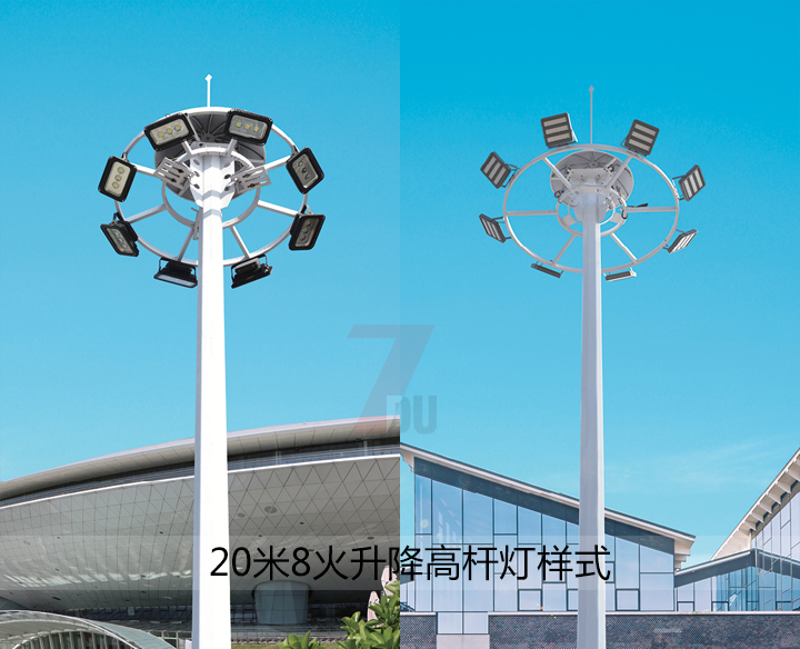 20米自动升降广场麻豆电影网站上装8盏LED投光灯的实拍效果